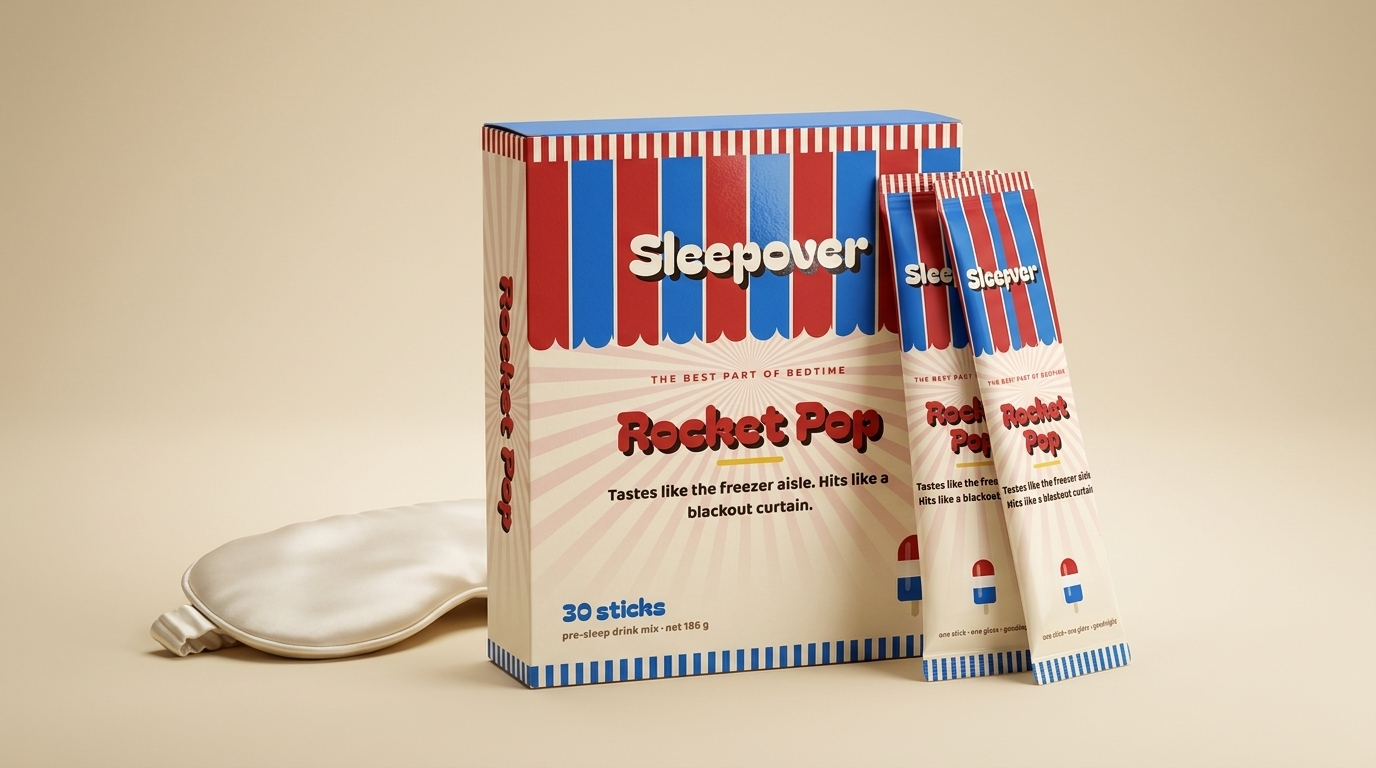 Sleepover carton with two stick packs leaning against it